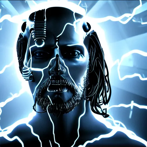 Image similar to portrait of Jesus that is half terminator robot and half skull with wires hanging from the face ,wetcore, ultrarealistic, insane details, highly detailed, particles, octane render, hdr, dynamic lighting , 8k, photorealistic, hyperrealistic, volumetric lightning, particles, atmospheric