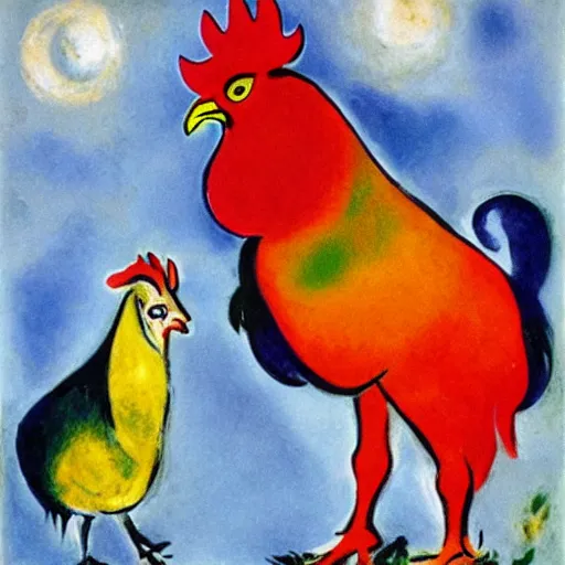 Image similar to a rooster and a goat in the style of marc chagall