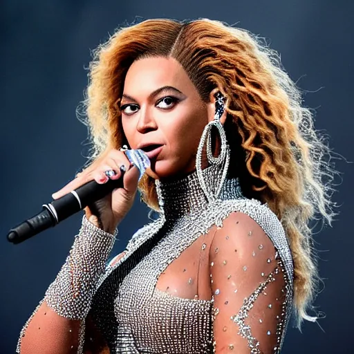 Image similar to Beyonce giving a concert, (EOS 5DS R, ISO100, f/8, 1/125, 84mm, postprocessed, crisp, facial features)