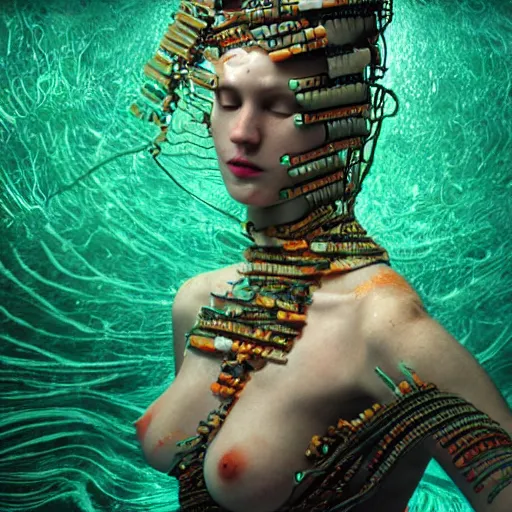 Image similar to tapping in to something greater, piles of modular synth cables, goddess swimming up wearing a headpiece made of circuit boards, by cameron gray, wlop, stanley kubrick, masamune, hideki anno, unique perspective, trending on artstation, 3 d render, vivid