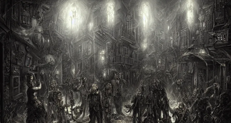 Prompt: a beautifully horrific ultra - detailed lovecraftian painting of steampunk demons gathered in the night time alleyway, illuminated by volumetric lighting, in the style of francisco goya, trending on artstation