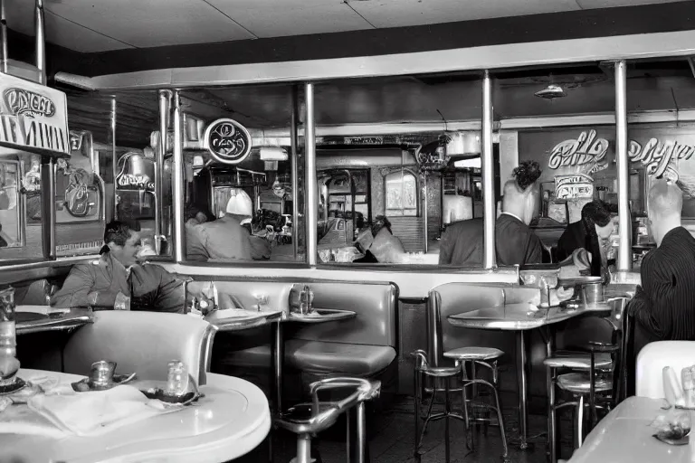 Prompt: realistic photo of a diner in the 1 9 5 0 s, highly detailed, film noir,