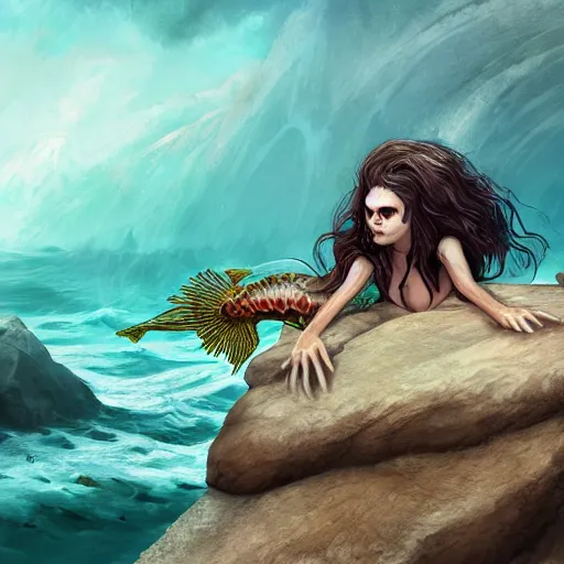Prompt: undead mermaid crawling on top of a rock in the ocean, trending on artstation, ultra fine detailed, hyper detailed, hd, concept art, digital painting