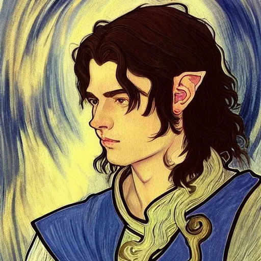 Prompt: painting of young handsome beautiful paladin elf!! man with long! wavy dark hair and blue eyes in his 2 0 s named taehyung minjun james fighting goblins, pale, wearing armor!, gorgeous hair, elf ears, icy eyes, elegant, cute, delicate, soft facial features, art by alphonse mucha, vincent van gogh, egon schiele,