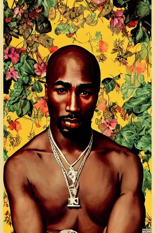Prompt: Tupac, illustrated in whimsical style, Illustration by Norman Rockwell, Kehinde Wiley!!, artgerm, loish, oil painting,