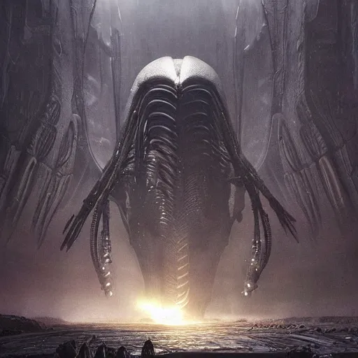 Prompt: scene from prometheus movie, hr giger artlilery spaceship lands in an alien landscape, filigree ornaments, volumetric lights, greg rutkowski