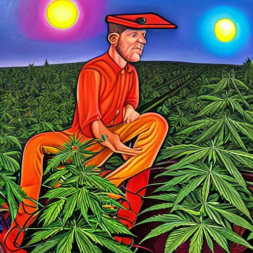 Prompt: alex gray painting of a man harvesting a cannabis plant