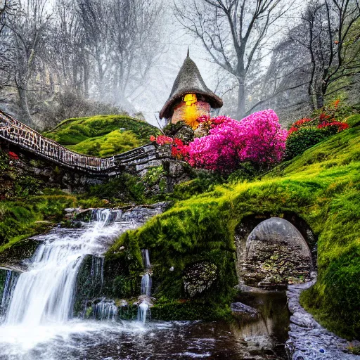 Prompt: spring festival at medieval hobbit village, ornate, beautiful, atmosphere, vibe, mist, smoke, fire, chimney, rain, wet, pristine, puddles, waterfall, melting, dripping, snow, creek, moss, ice, bridge, rainbow, cobble, jungle, roses, flowers, color page, 4 k, contest winner