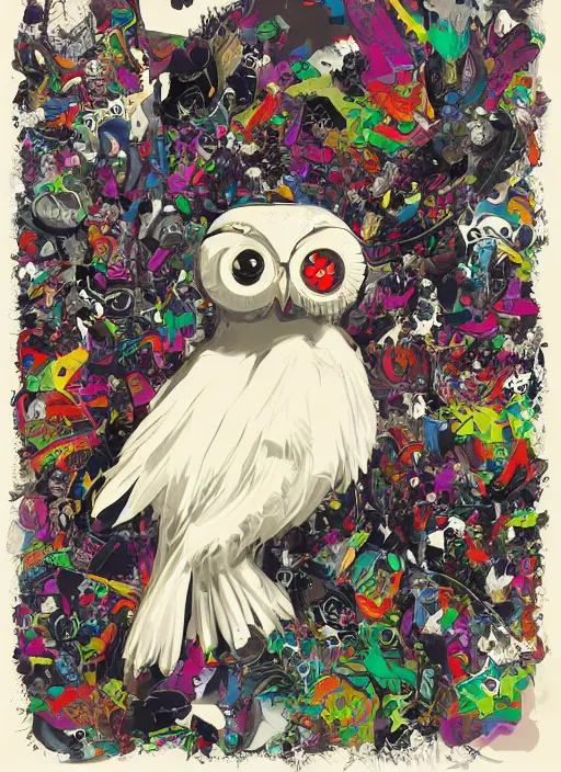 Image similar to arrogant elegant medium shot of white one - eyes owl dressed in samurai garment, pixiv fanbox, dramatic lighting, maximalist pastel color palette, splatter paint, pixar and disney exploded - view drawing, graphic novel by fiona staples and dustin nguyen, peter elson, alan bean, wangechi mutu, clean cel shaded vector art, trending on artstation