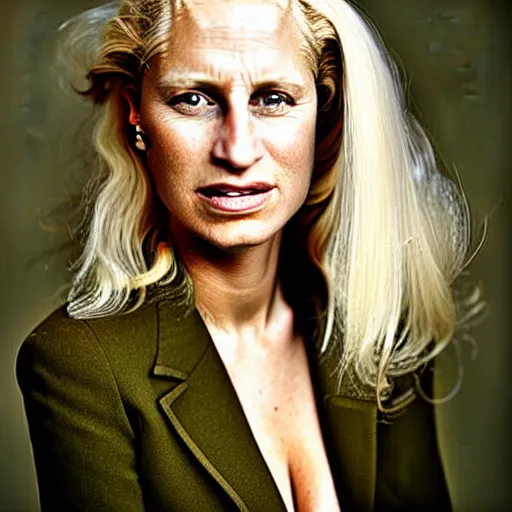 Prompt: portrait photograph by annie leibovitz of olive skinned blonde female in her thirties wearing designer clothes