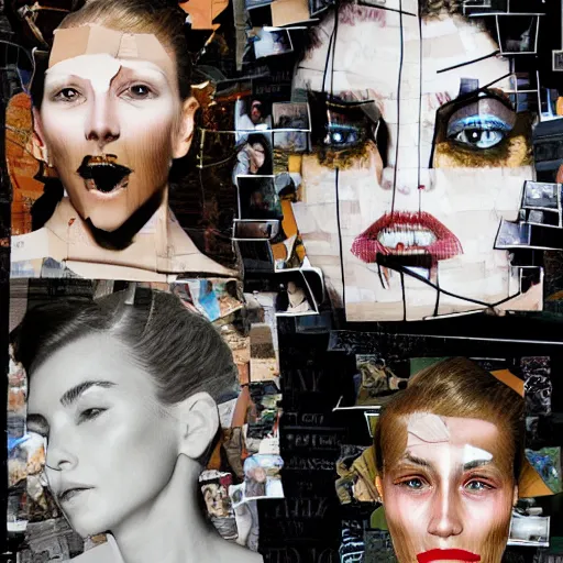 Image similar to a collage made out of fragments of printed images taken from online , fashion magazines, and family photographs all coming together to form hybrid faces with twisted features in the Dadaesque style, mixed media