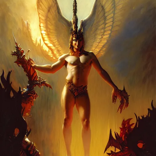 Image similar to attractive male lucifer morning star casting a spell summoning male demons, they rise from down bellow. highly detailed painting by gaston bussiere, craig mullins, j. c. leyendecker, 8 k