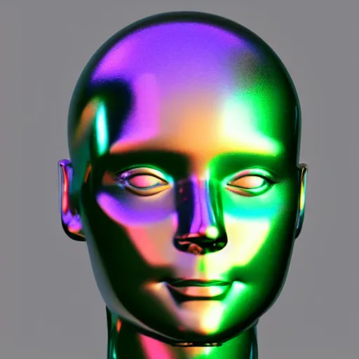 Image similar to 3d render of holographic human robotic head made of glossy iridescent, surrealistic 3d illustration of a human face non-binary, non binary model, 3d model human, cryengine, made of holographic texture, holographic material, holographic rainbow, concept of cyborg and artificial intelligence