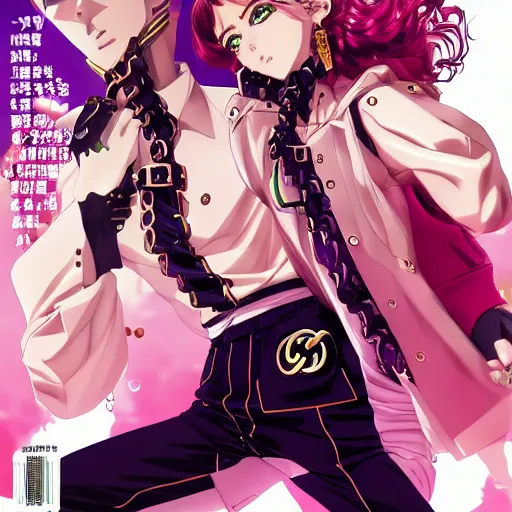 Image similar to Magazine Cover Anime key visual of a Gucci girl; official media; typography; drawn by Hirohiko Araki; Jojo's Bizarre Adventure; Jojolion, portrait, made by Stanley Artgerm Lau, WLOP, Rossdraws, James Jean, Andrei Riabovitchev, Marc Simonetti, Yoshitaka Amano, ArtStation