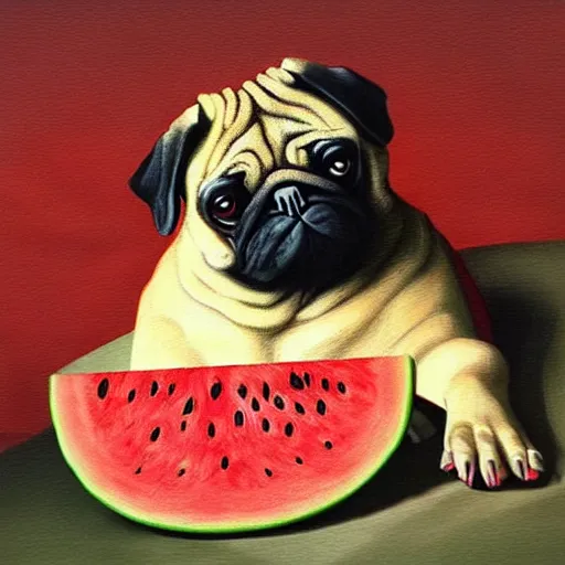 Image similar to pug eating watermelon in heaven painted in the style of michaelangelo, concept art