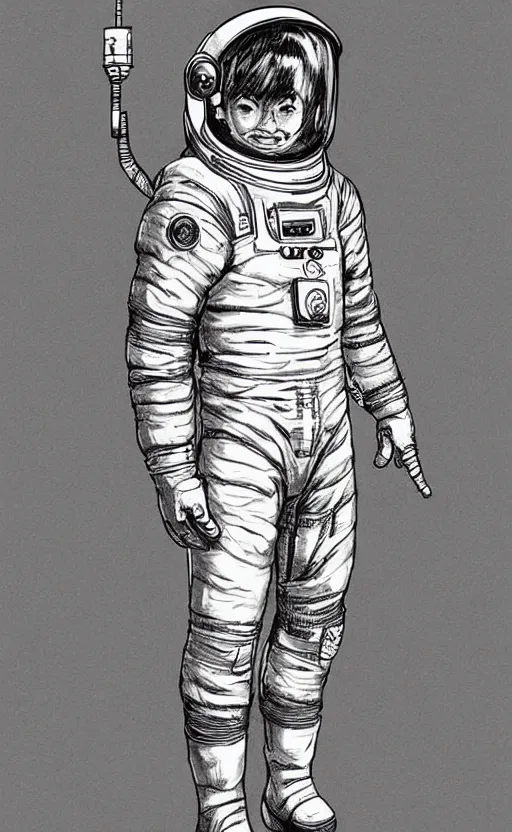 Prompt: concept art, digital art, manga drawing, full body astronaut sketch, illustration in the style of darren bartley, katsuya terada