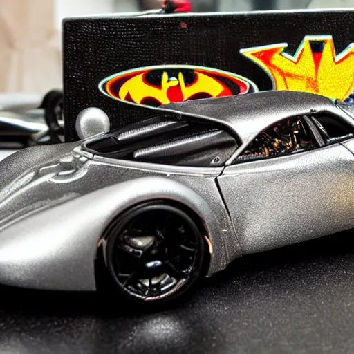 Prompt: 5 5 mm photo of metallic black batman car like hot wheels model with a batcave as background