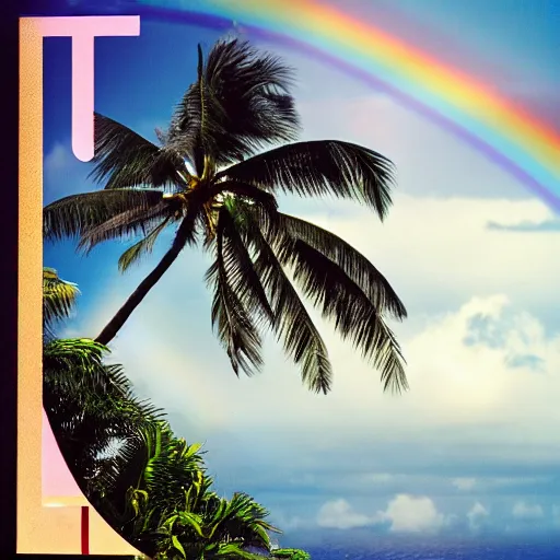 Image similar to miracle musical Hawaii part ii album cover, showing an ocean in the background, spiral transparent stairs on the left with tall palm trees behind it, a slight rainbow in the background, white outline border, moon in the right top area black and white except for the rainbow album cover