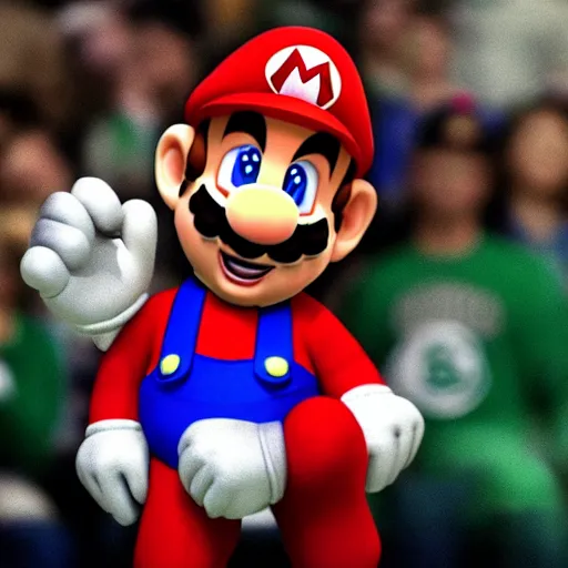 Image similar to realistic super mario playing for the boston celtics