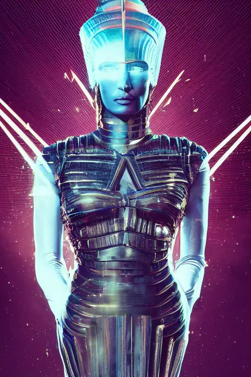 Prompt: full body portrait of the Egyptian Android Pharaoh Queen, by DC comics and Sandra Chevrier and beeple, artstation, volumetric lighting, hyperrealism, futuristic royalty, strong and muscular, award winning costume design, cybernetic bionic ancient cyborg, fashion show runway, futuristic fine textures, woven with electricity, high fashion superpowers, covered in dust, 4k UHD, 35mm