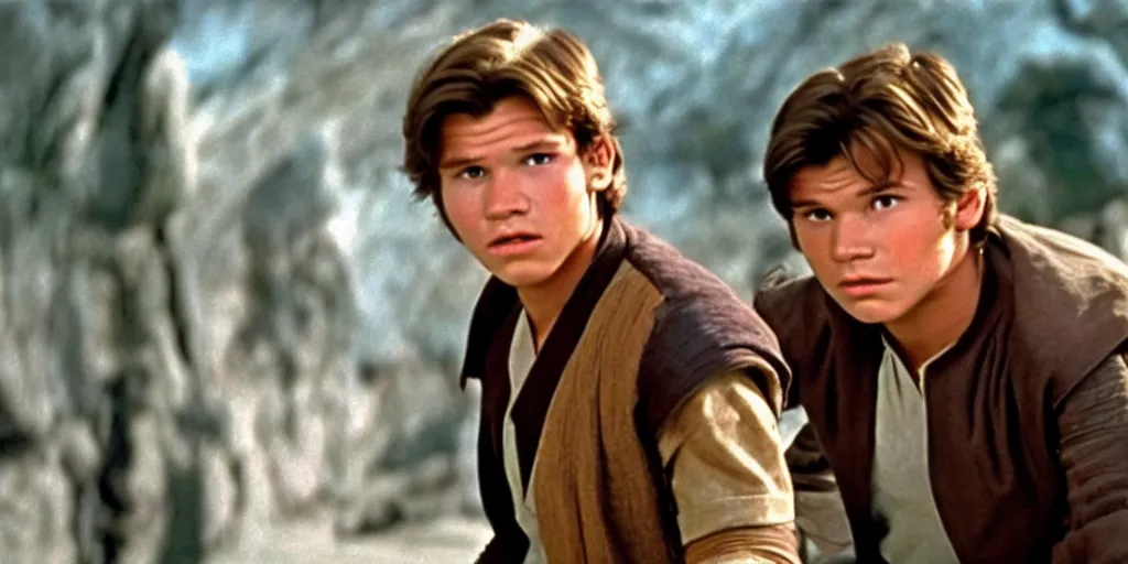 Image similar to A full color still from a film of a teenage Han Solo as a Jedi padawan, from The Phantom Menace, directed by Steven Spielberg, 35mm 1990