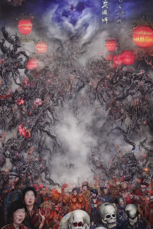 Image similar to 中 国 鬼 节, long procession of the dead is queuing up on the naihe bridge. comic book, psychedelic lights and fog, zdzislaw, ayami kojima, yamamoto, barclay shaw, karol bak, hyperrealist, 8 k