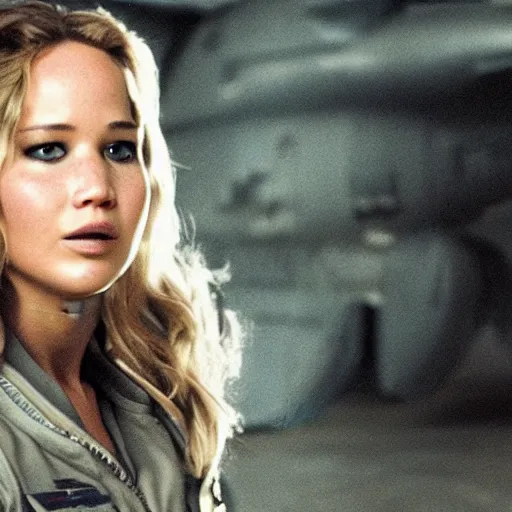 Image similar to still of Jennifer Lawrence as female Maverick in remake of Top Gun (2029)