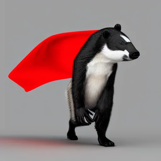 Image similar to a bipedal badger walking on white background towards the camera, he‘s wearing a red scarf, digital render