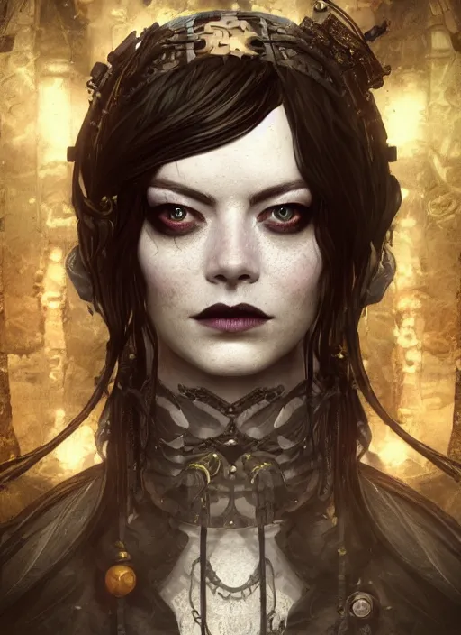 Image similar to dark underwater goth gothic steampunk portrait of emma stone, hyper detailed, digital art, cinematic lighting, studio quality, smooth render, unreal engine 5, octane rendered, art style by klimt and nixeu and ian sprigger and wlop and krenz cushart.