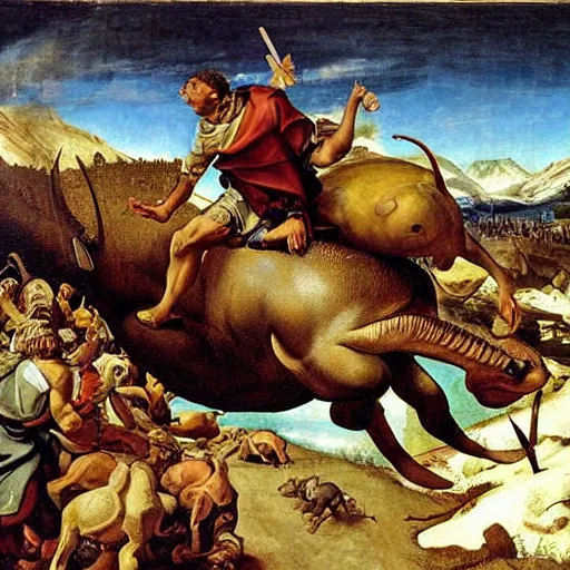 Image similar to hannibal crosses the alps with battle triceratops, punic wars, renaissance painting style