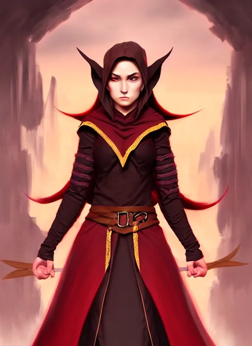 Prompt: portrait of teenager female half elf monk, full body black and red longcoat, fist training, detailed face, brown hair, short ponytail, golden eyes, brown skin, high fantasy, dnd, extremely detailed, concept art, matte painting, by artgerm