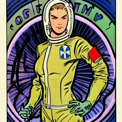 Image similar to a stoic heroic butch tomboy blonde emotionless woman, with very short slicked - back hair. she is dressed as an astronaut. well composed, clean elegant painting, beautiful detailed face. comic book art by steve ditko and jack kirby and ( alphonse mucha )