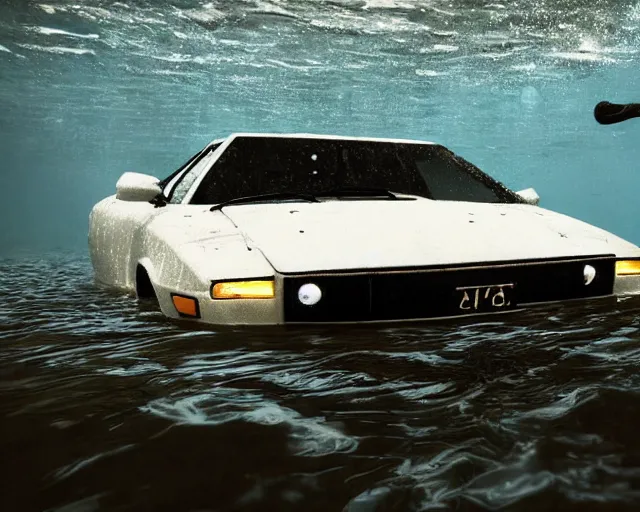 Image similar to white lotus esprit submerged under water, cinematic, photoreal, by red dead redemption 2