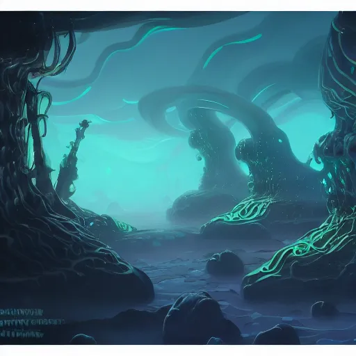 Prompt: bioluminescent tentacle caves, artstation, highly detailed