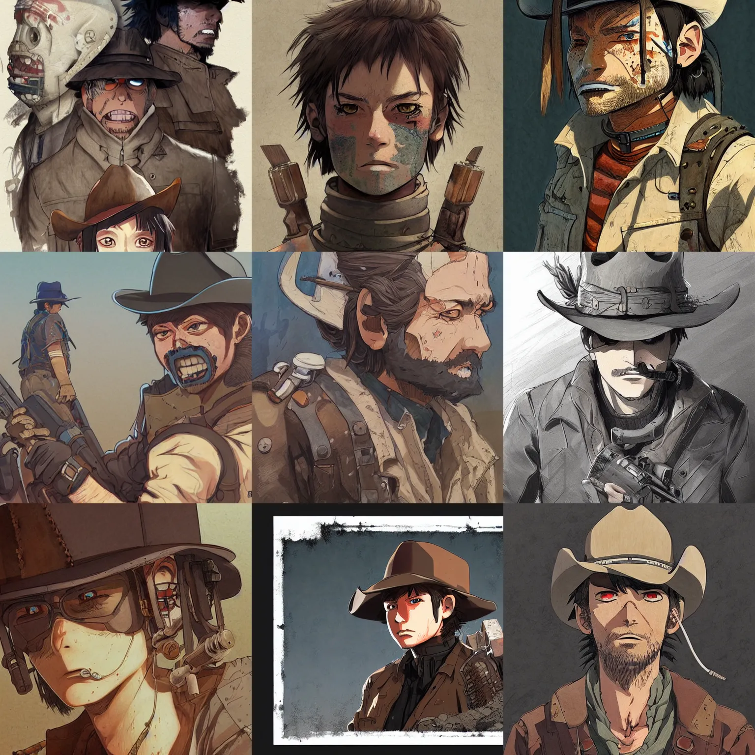 Prompt: post - apocalyptic cowboy, finely illustrated face, highly detailed, colored pencil, studio ghibli, tankobon, in the style of ilya kuvshinov and stanley artgerm lau