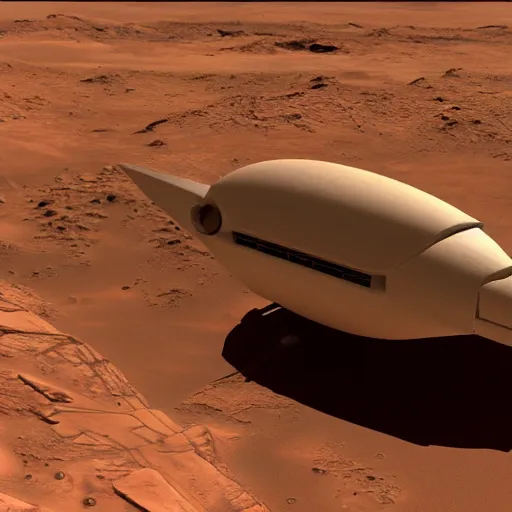 Image similar to photorealistic space ship designed by Frank Lloyd Wright on mars, 4K unreal engine, cinematographic, uplight