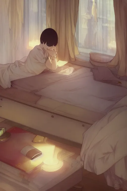 Image similar to a teenage girl with white short hair in a jk uniform outfit in the bedroom reading a book in a night, raining outside the window, warm and orange theme, by krenz cushart and mucha and akihito yoshida and greg rutkowski and makoto shinkai, 4 k resolution