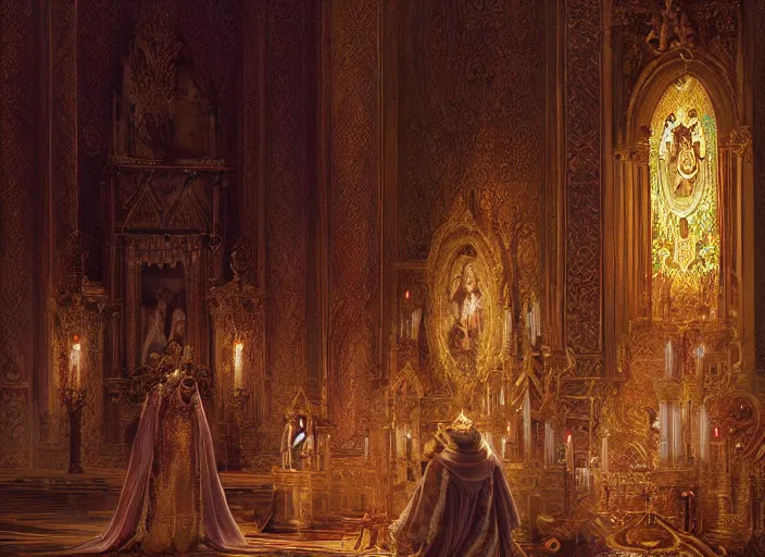 Image similar to worship of the pope, royal robe, gold trim, light effect, hyper detailed, intricate, atmospheric, elegant, photorealistic by paul lehr, marco mazzoni, featured on cgsociety, rococo, whimsical, artstation