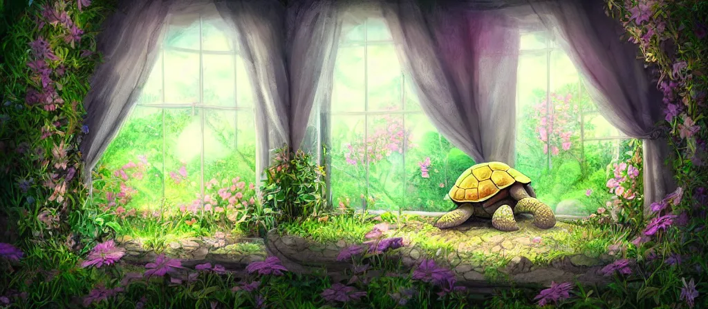 Prompt: cute adorable turtle in bed looking through a large window at a magical flower forest, digital art painting, studio ghibli, gorgeous atmosphere, highly detailed