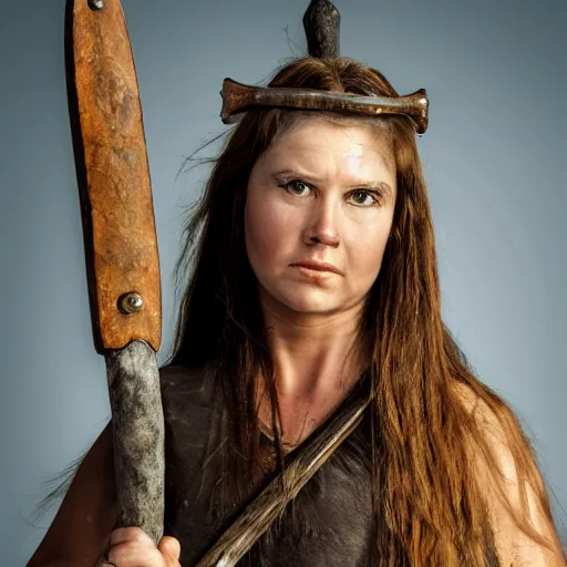 Image similar to A head and shoulders portrait of a fierce female viking warrior holding an axe