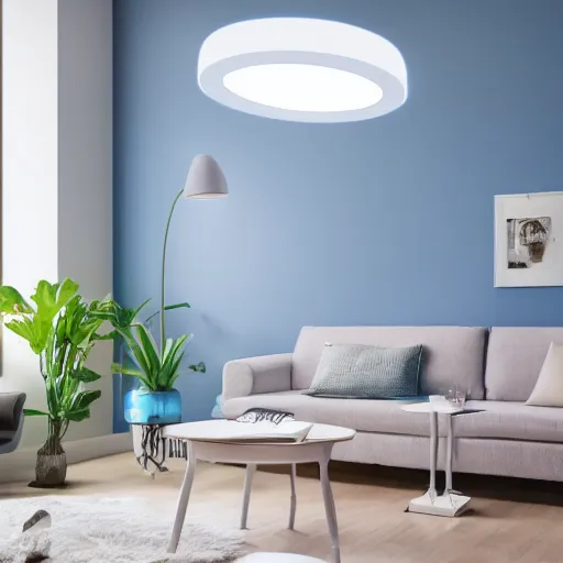 Image similar to a large blue florescent light lamp, inspired by a woman body, placed in a living room, home design magazine HD photo super realistic 3d 8k resolution