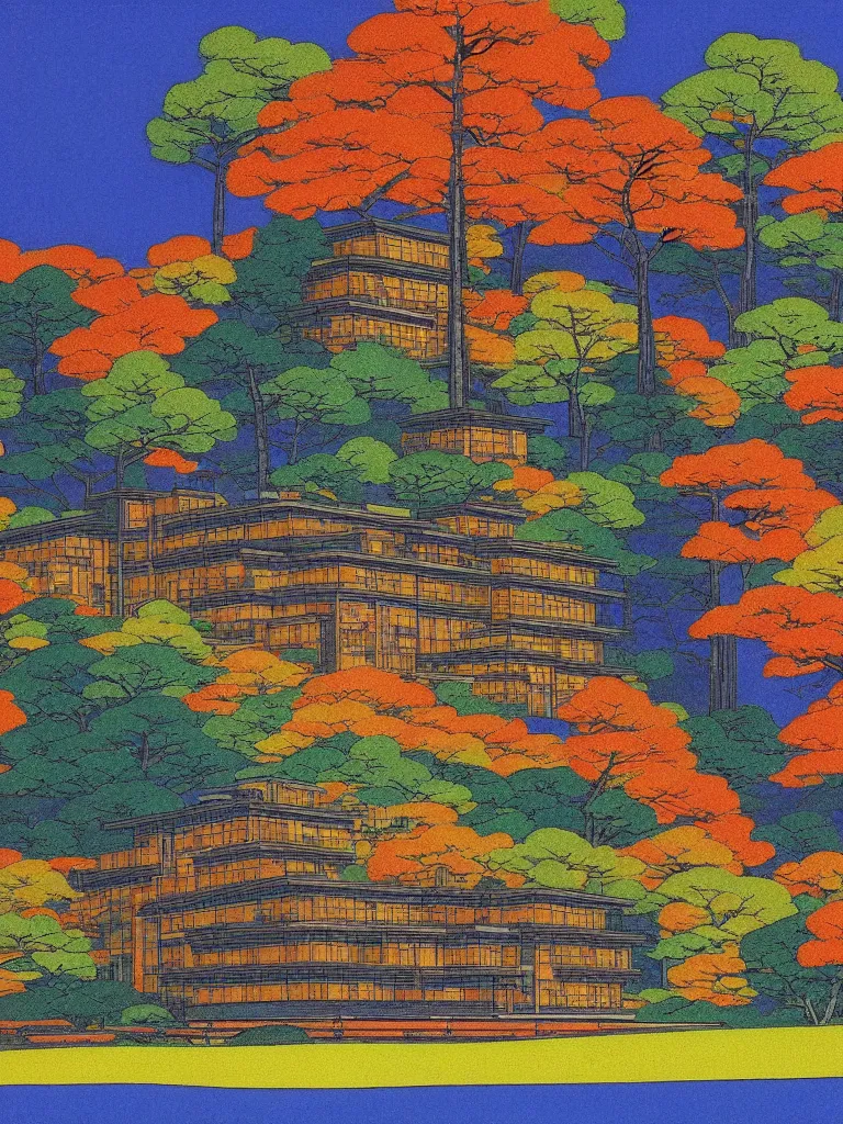 Image similar to a psychedelic hallucination of a brutalist hotel in the autumn mountains, by kawase hasui, moebius, edward hopper, colorful flat surreal design, dramatic lighting, hd, 8 k, artstation