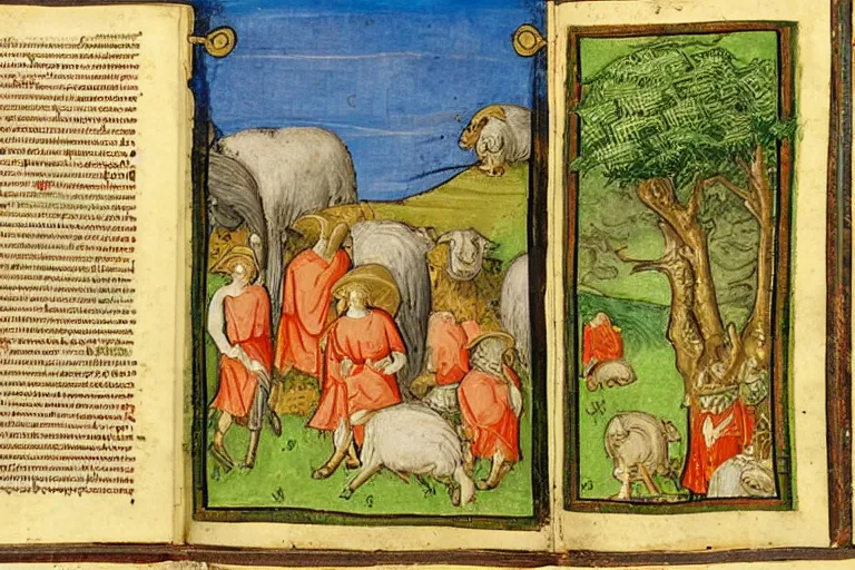 Prompt: medieval illuminated manuscript bible page depicting a tranquil pastoral landscape with sheep