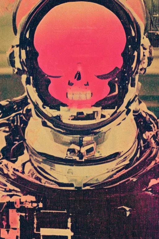 Image similar to astronaut with neon glowing skull 1 9 6 0 s color _ bleed _ video compression video glitch vhs footage akira kurosawa mamoru oshii wes anderson