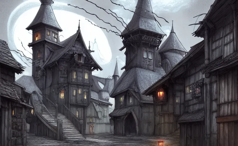 Image similar to beautifully drawn concept art of an old medieval mystic town : : art by hayao miyazaki and studio ghibli : : dramatic mood, overcast mood, dark fantasy environment : : trending on artstation, unreal engine, digital art