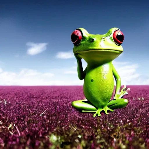 Image similar to a frog standing upright in the middle of a gigantic field, he is lost