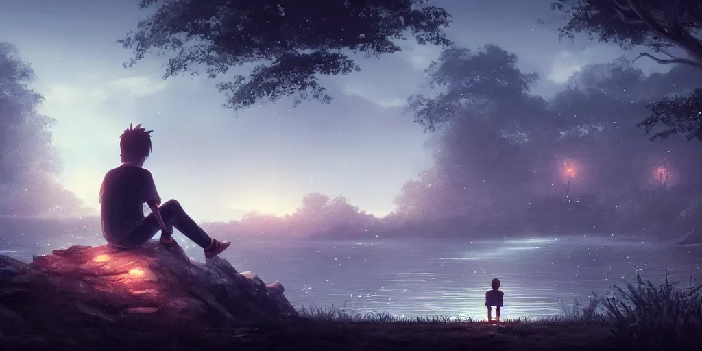 Image similar to a big silver dragon and a boy sitting next to lake in forest, many fireflys, at night, concept art, dof, cryengine, digital art, detailed background, makoto shinkai