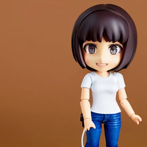 Prompt: girl with straight brown hair blank white tee shirt and bluejeans holding a black microphone in hand, a nendoroid figurine, realistic face, detailed, product photography