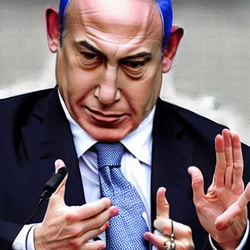 Prompt: Bibi Netanyahu dressed as a jester