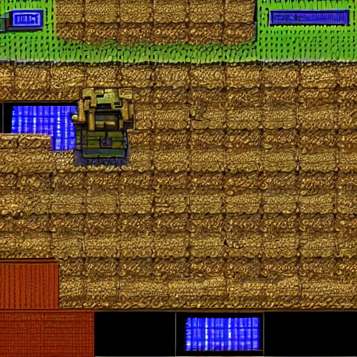 Prompt: HD 16-bit vivid art, of Dune 2 mentat and harvester, at Arrakis, 1990s 2D game graphics, many round shihing gems at the golden border frame